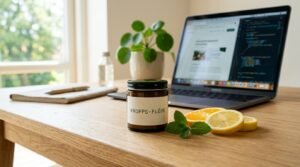 KROPPS-FLODE luktsalt pa skrivbord med citrus och mynta