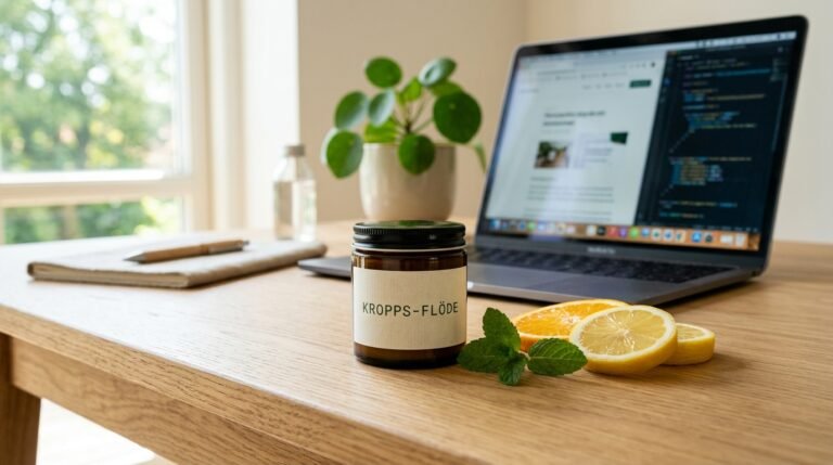 KROPPS-FLODE luktsalt pa skrivbord med citrus och mynta